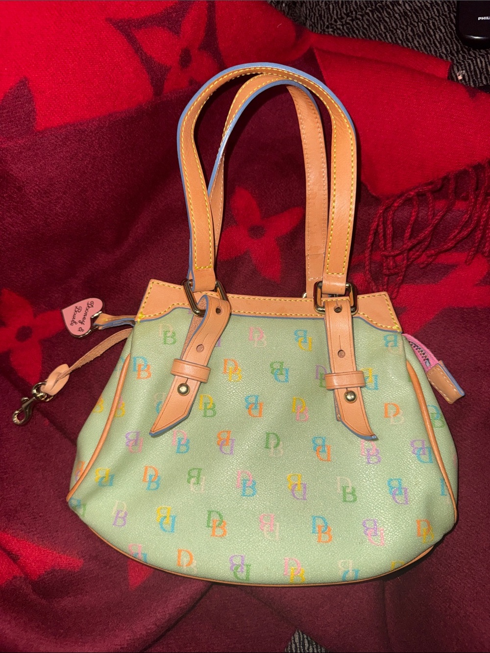 Dooney & Bourke Pastel Green Multicolor Logo Shoulder Bag with Tan Leather Trim